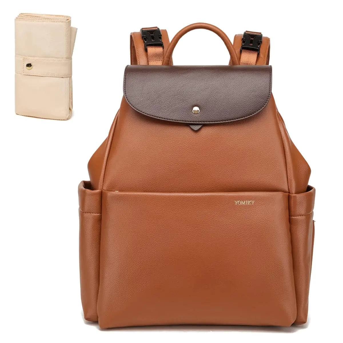 Yomiky Leather Diaper Bag Backpack 14 Pockets Fashion Diaper Bag Leather with Changing Pad Stroller Straps Travel Essential Large Diaper Bag Unisex Brown