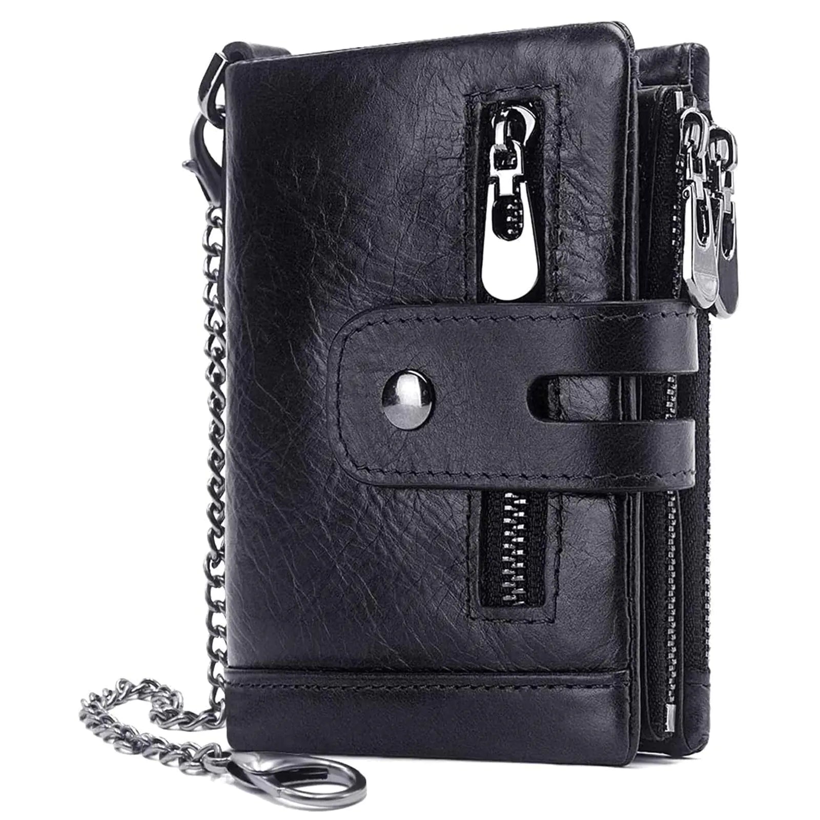 gzcz Mens Wallet with Chain RFID Blocking Genuine Leather Bifold Purse for Men with ID Window and Zip Coin Pocket Black